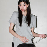 Shoulder-padded waffle T-shirt _ Gray