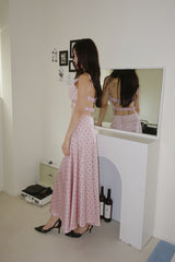 pink silk dot backless skirt two-piece