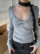 レースディテールVネックツイストロングスリーブTシャツ