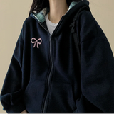 Check lining ribbon fleece hooded zip-up