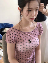 ナスシアーピンクドットメッシュトップ