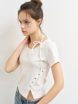【お気に入り追加で応募】button slit string half t-shirts