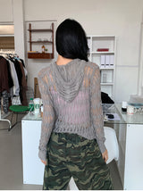 NET SEE-THROUGH KNIT HOOD ZIP-UP