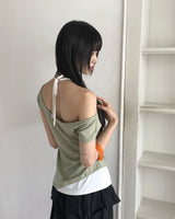 フラワーレタリングプリントホルターネック半袖Tシャツ