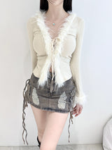 1083. Fur trimming ribbon cardi (3color)