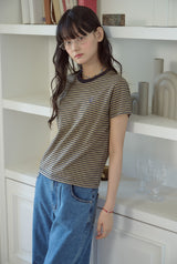 26SS★ Falling Cat Stripe Crop Short Sleeve Tee