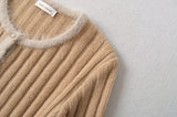 Fur Detail Bold Ribbed Long Sleeve Cardigan