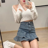 #S2414 Ruffled high-waisted sweet denim skirt