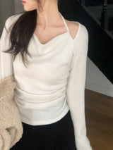 Halter Neck Ribbon Strap Off Shoulder Knit (3color)