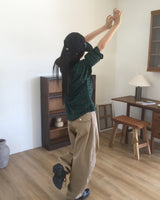 フィットスタッズバックポケットストライプコットンワイドパンツ