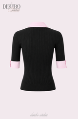 Pink black steady collar V top