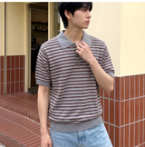 ストライプクロップハーフニット グレー