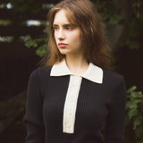COLOR BLOCK LONG SLEEVED POLO KNIT - BLACK