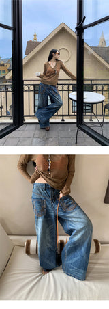 Pocket Embroidery Straight Long Denim Pants