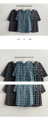 [High quality!] Hugh Linen Checkered Hooded Short Sleeve Shirt (3 colors)