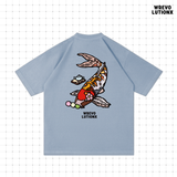 Tea‑Time Koi Sakura Denim-Washed Heavy‑Weight T-Shirt (Sky Blue)