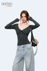 Blue Floral Deep V Long Sleeve T-shirt