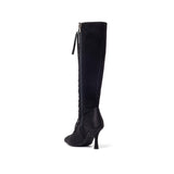 Satin Lace-Up Under The Knee Boots Heel(Black)