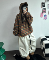 ストライプフリースワンサイドストリングアノラックニットスウェット 💙🩶🧡3COLOR