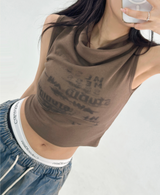 DAMAGE PRINT SLEEVELESS NECK SHIRRING TOP🤎🤍 - 2 COLORS