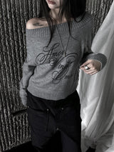 gray lettering off-shoulder knit