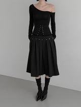 Er Rivet Pintuck Midi Skirt