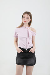 Off Shoulder Twist Half-Sleeve T-shirt Pink