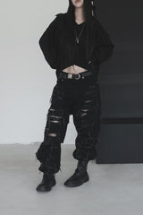 [unisex]レーザーダメージワイドデニム