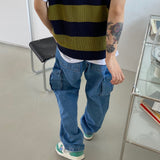 Stripe round neck knit vest 2C