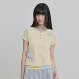 フラワーヘンリーネックハーフスリーブTシャツ
