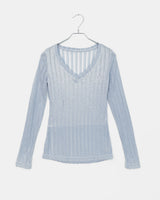 Tohe cubic ribbed bone V-neck See-Through Long-Sleeved T-shirt