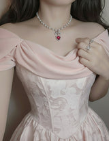 [ジェニーパーク Necklace] ローズピンクハートアンドリボン パールチョーカーネックレス