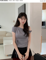 リボンストラップオフショルダーショートスリーブTシャツ (5color)