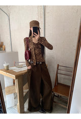 cotton wool scarf dot brown long-sleeve t-shirt
