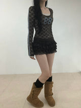 Lace Number Sheer Long Sleeve T