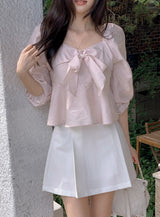 #Fairy Ribbon Puff Long Sleeve Blouse (4color)