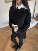 [UNISEX] Overfit velor off shoulder double snap button long sleeve knit T (4 colors)