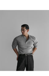 Ribbed Henley Neck Muscle Long Sleeve Knit Tee [Gray]
