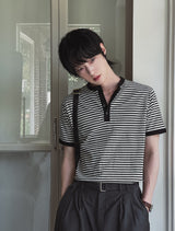 Yushi ストライプヘンリーネック半袖Tシャツ