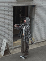 リーフ オーバーフィット フード チェック シャツ
