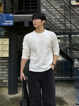 Waffle diagonal button crop long-sleeve t-shirt