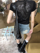 バックシースルービーズブラックラウンド半袖Tシャツ