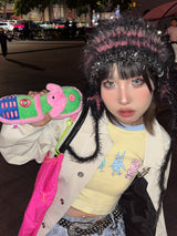 ハンドメイドクロシェパピー＆スターイヤーウォーマー（グリーン/ピンク)
