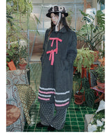 UnsocialNight original autumn and winter Japanese literary ツイードリボンとコントラストカラーステッチ 水玉模様コート