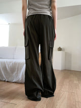 Denti button pintuck shirring long wide cargo pants
