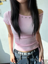 Hotcross Rivet Off-Shoulder Ribbed Crop T-Shirt 5color