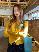Flower Broach Yellow Round Cardigan