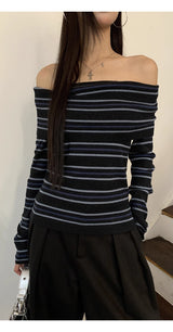 ストライプ スリム オフショルダー 長袖 ニット Tシャツ