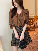 Shushu V-Neck Lace Ruffle Blouse