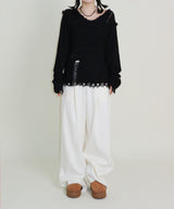 ラバーVネックダメージカットポイント長袖ニット (wool material)